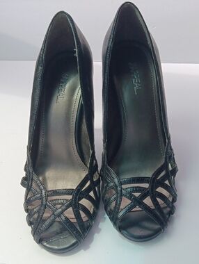 WOMEN'S BLACK WOVEN STRAPPY  PEEP-TOE HEELS SIZE 6